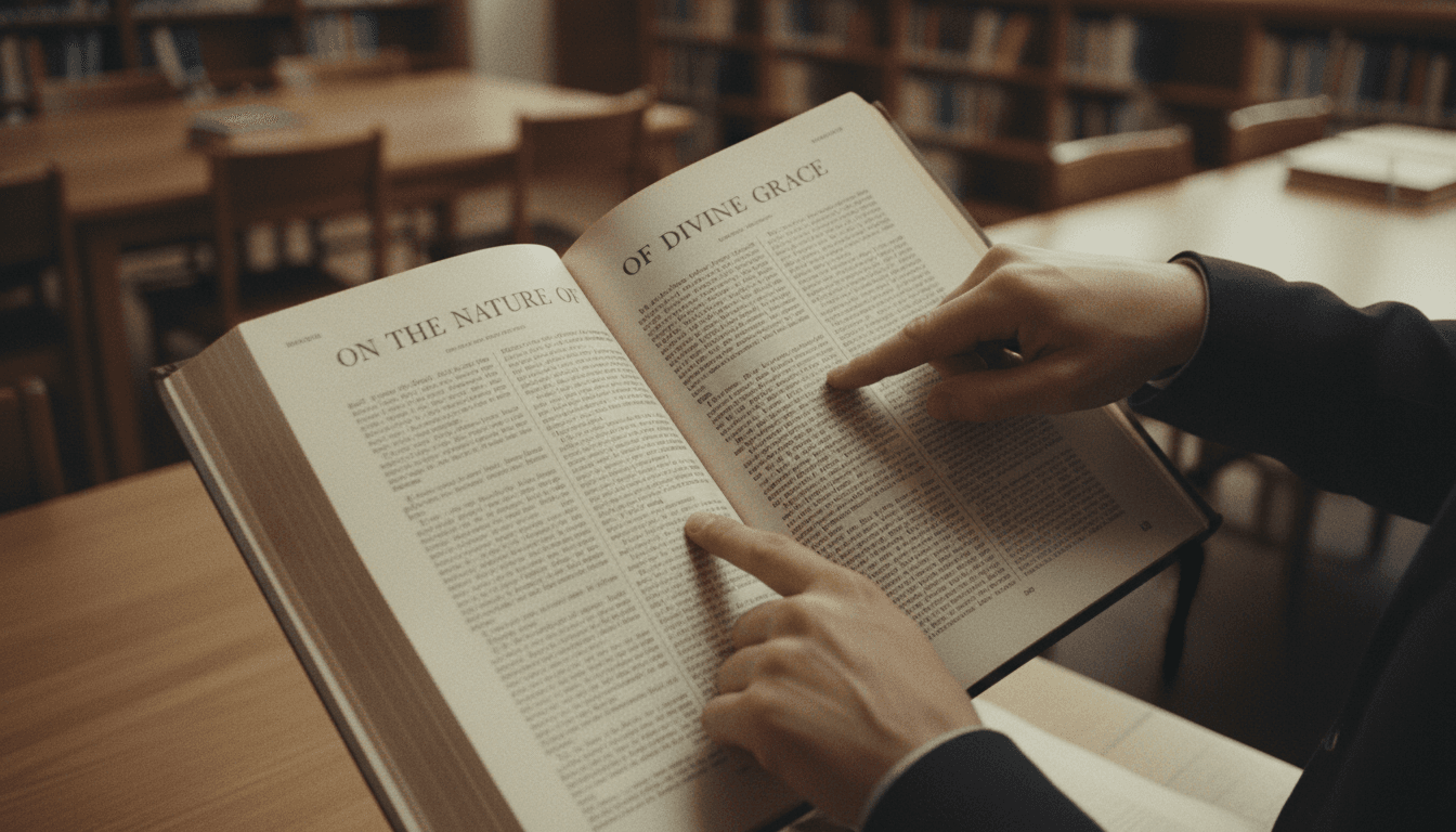 Hands holding theological text during focused study