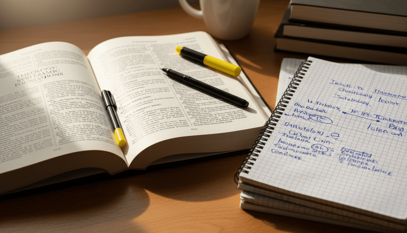 Theological textbook with study notes