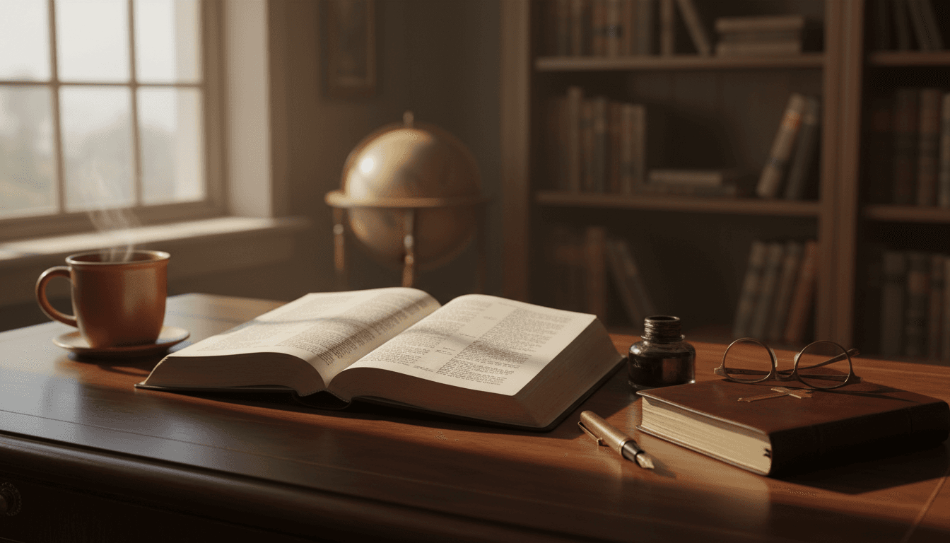 Open Bible on wooden study desk with natural light