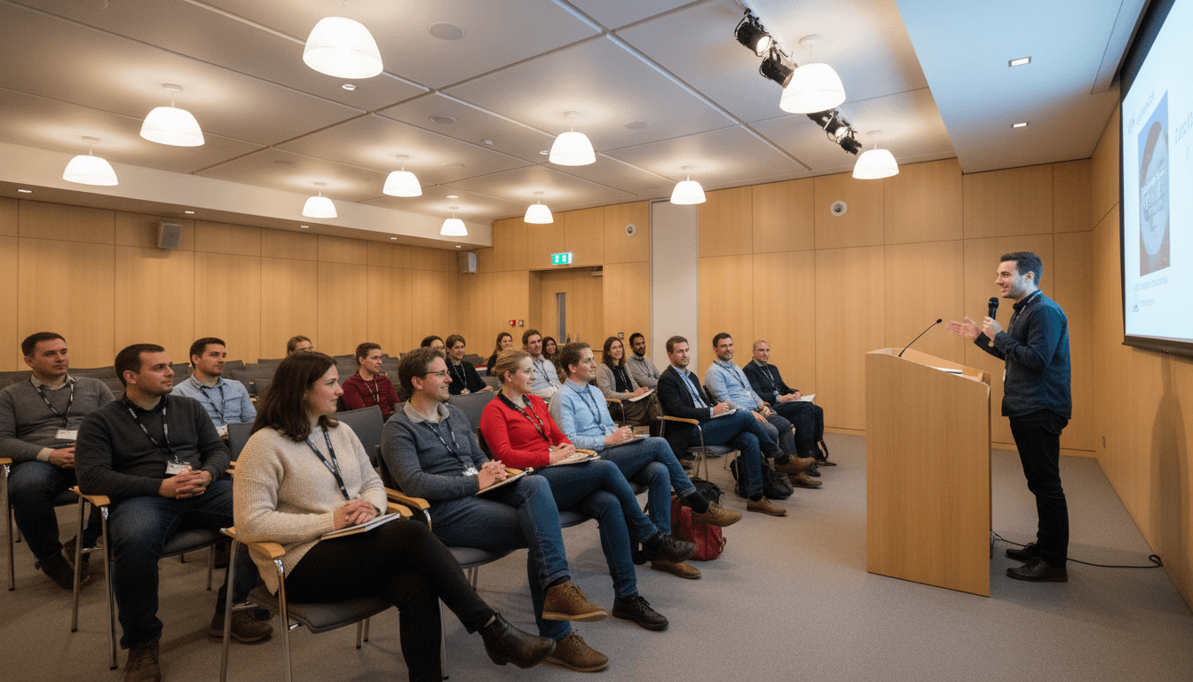 Diverse audience attending live faith-based teaching event in modern auditorium with engaged listeners
