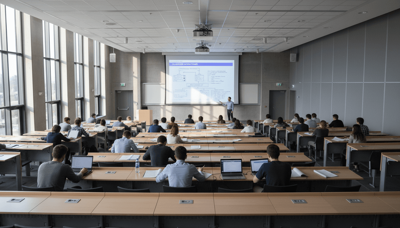 University lecture hall with instructor at front and diverse students engaged during academic instruction session