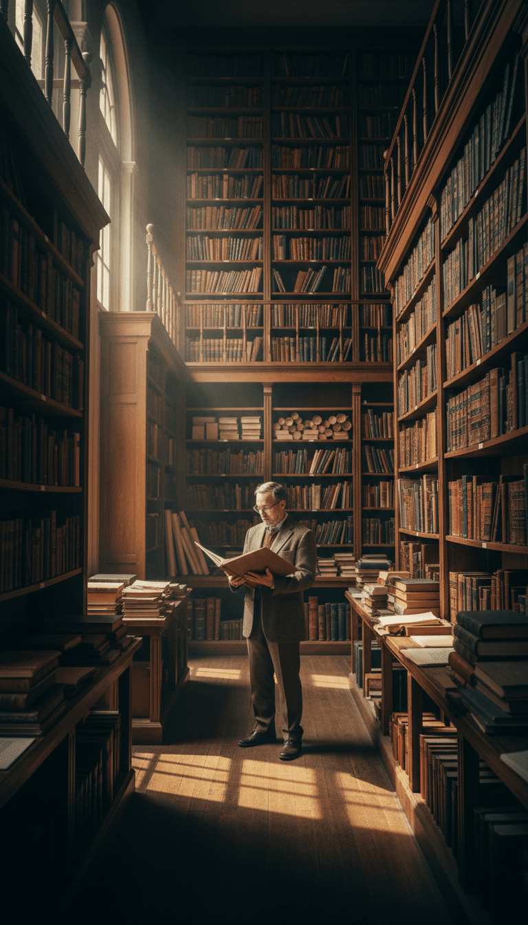 Film archivist standing among tall wooden shelves lined with vintage film books and historical scripts in sunlit library