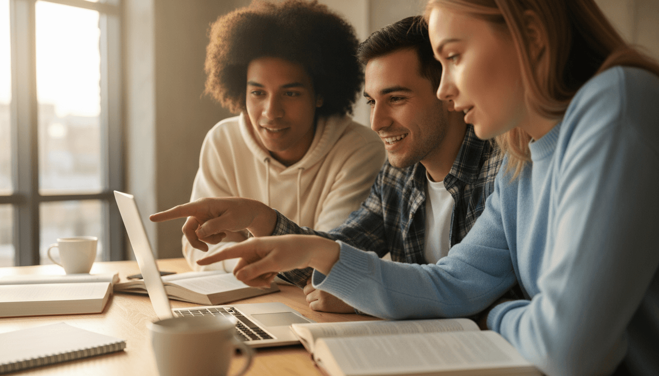 Three diverse college students gathered around a laptop, smiling and collaborating in a bright study space with natural window light