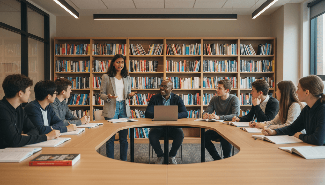 Secondary students engaged in literature class discussion seated around table with attentive peers and facilitating instructor