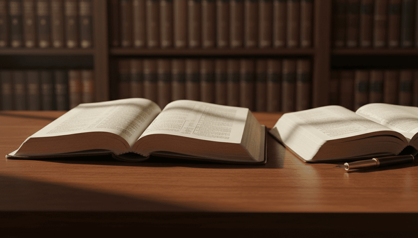 Open Bible on wooden desk with study materials