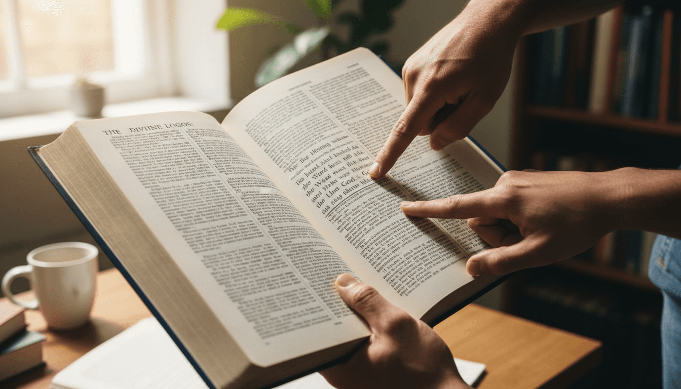 Hands holding theological text during focused study