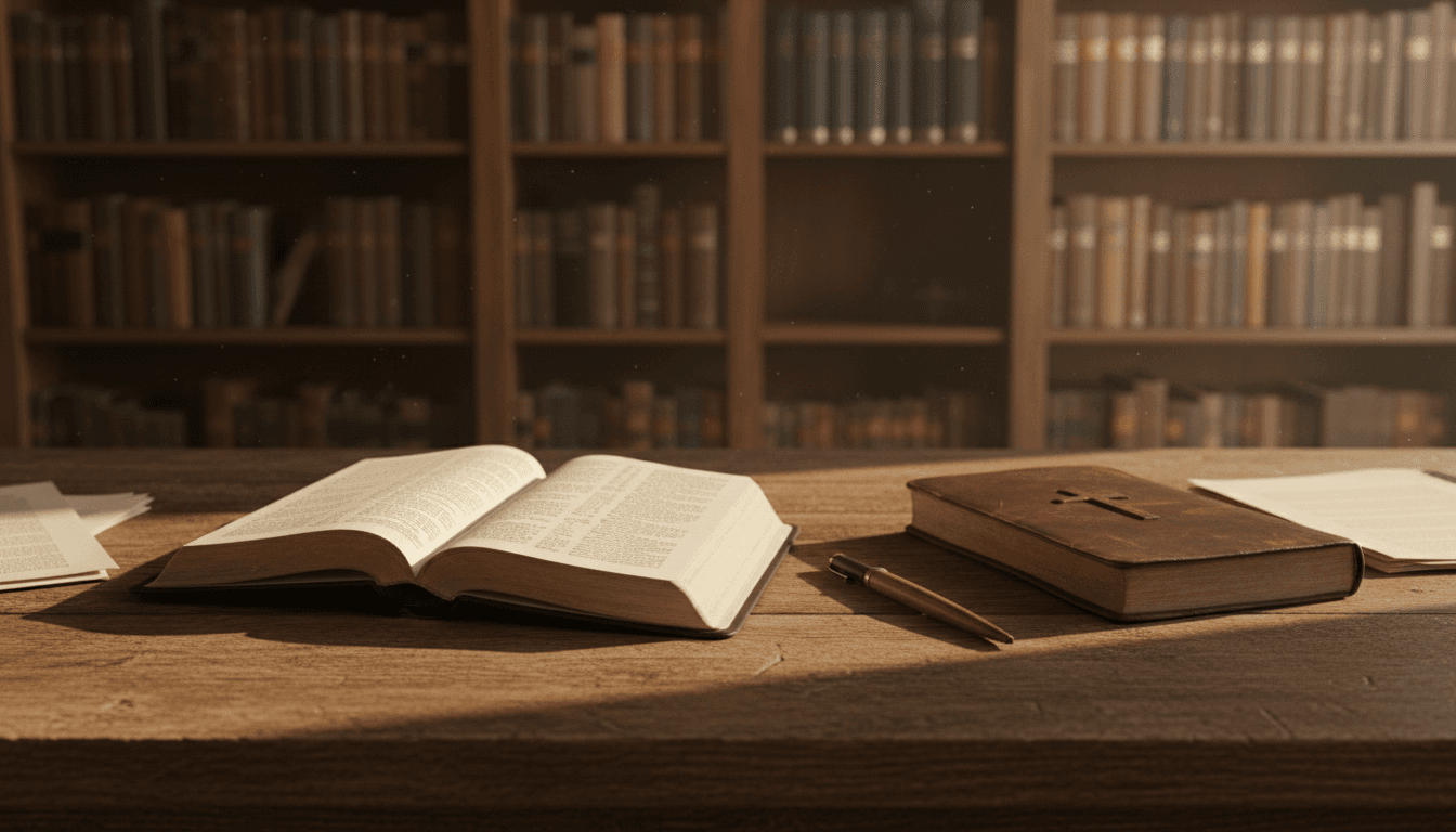 Open Bible on wooden desk in natural light with study materials