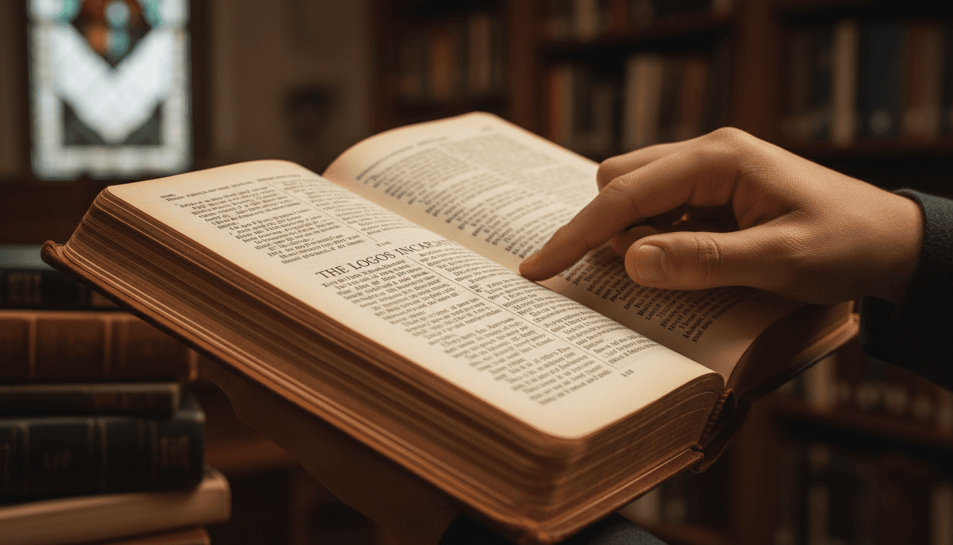Student's hands holding open theology textbook