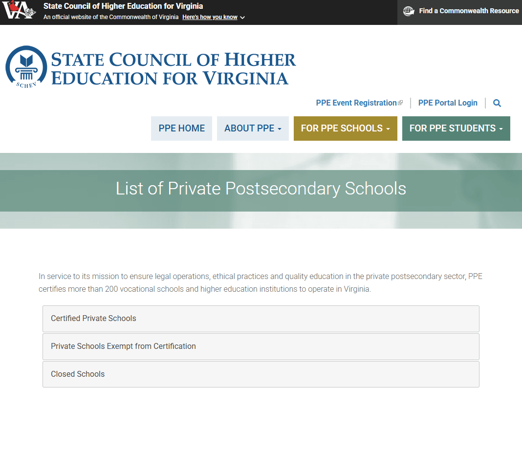 State Council of Higher Education for Virginia webpage listing certified, exempt, and closed private schools.